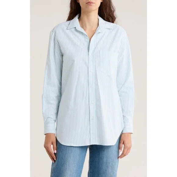 Frank & Eileen Boyfriend Button Up Long‎ Sleeve Collared Shirt Blue Stripes Sz M - Picture 2 of 11